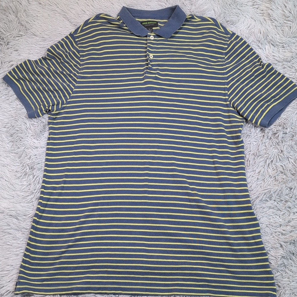 John Bartlett Shirt Mens XL Blue Yellow Striped Polo Golf Casual Comfort Classic